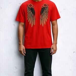 Men's Red And Gold Wing Design Graphic Tee NWOT XL
